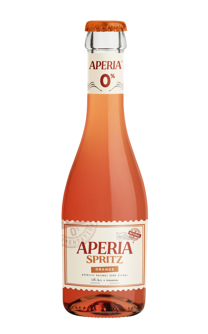 Découvrez APERIA® 0% Orange Spritz, le premier cocktails prêt à boire sans alcool élaboré à partir d'une fermentation non alcool