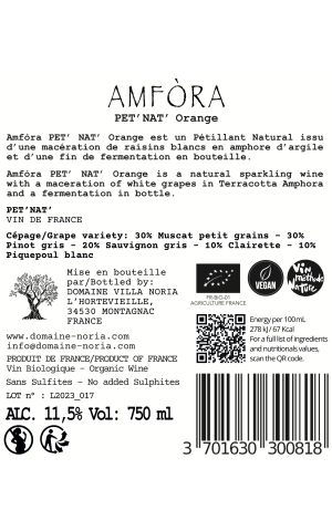 Amfòra funkelnder orange Wein, Bio, Natur Sulfit-Methode - Villa Noria